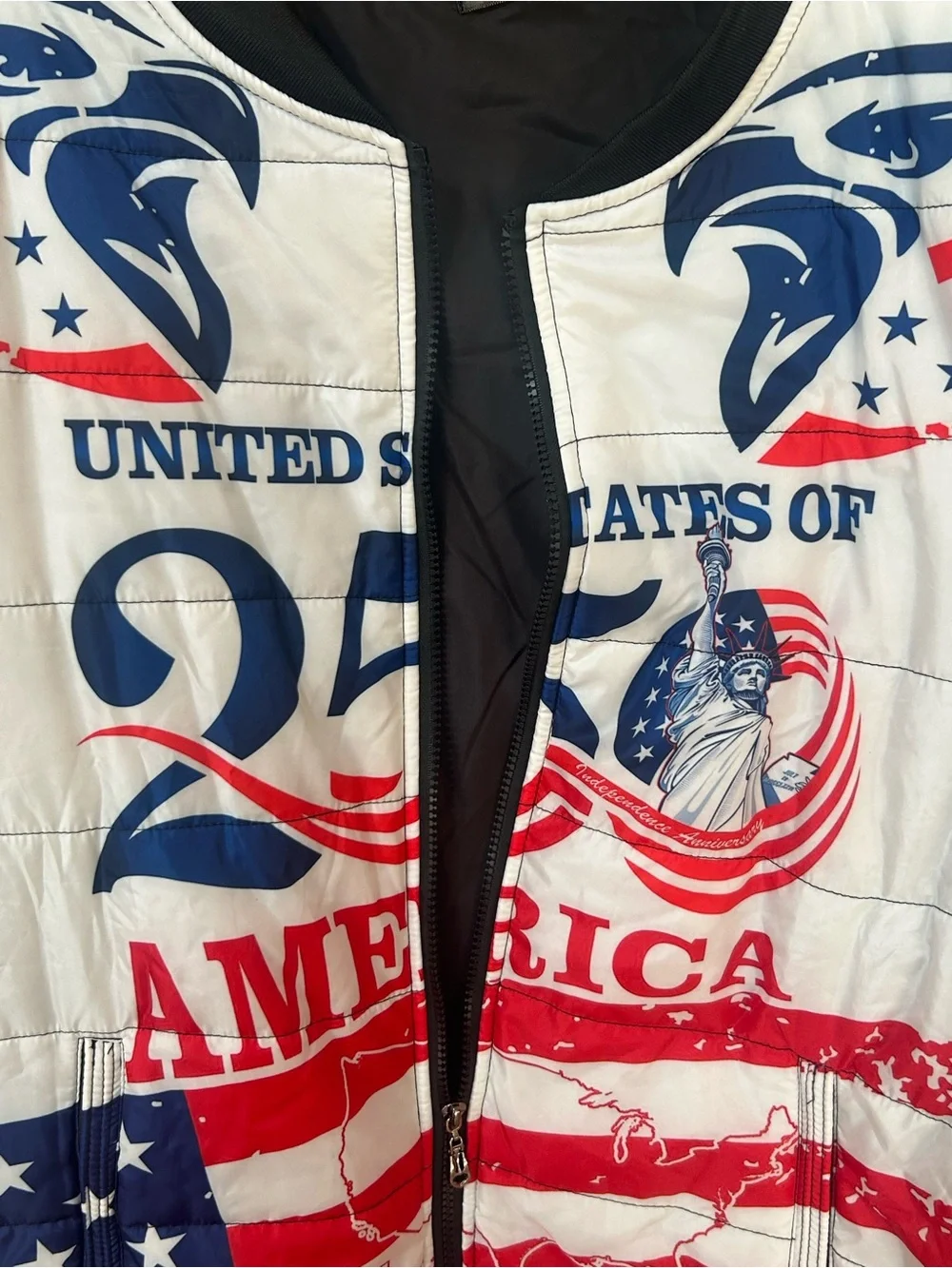 XL puffer quilted bomber jacket celebrating 250 USA Patriotic graphic design.
